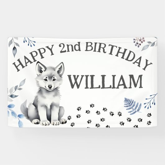 Schattige wolf cub twee wild happy birthday party spandoek (Horizontaal)