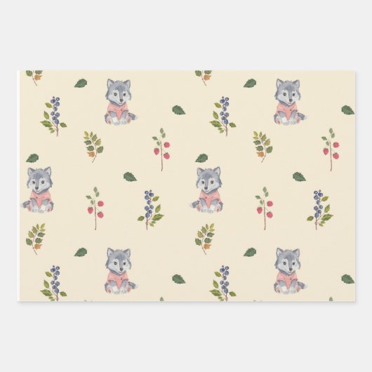 Schattige wolf en bosbessen patroon inpakpapier vel (Voorkant 3)
