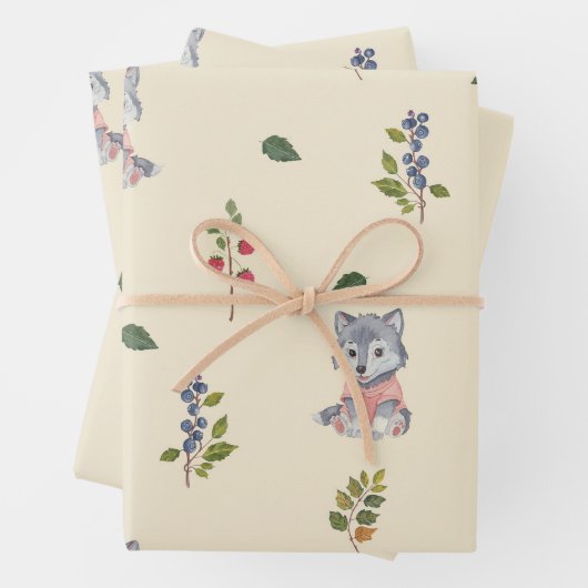 Schattige wolf en bosbessen patroon inpakpapier vel (In situ)