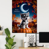 Schattige Wolf met Halloween-kunst van de halve ma Poster (Thuiskantoor)
