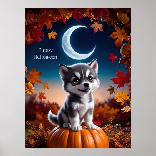 Schattige Wolf met Halloween-kunst van de halve ma Poster (Voorkant)