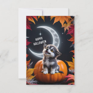 Schattige Wolf met Halvemaan Nachtelijke Herfst Kaart