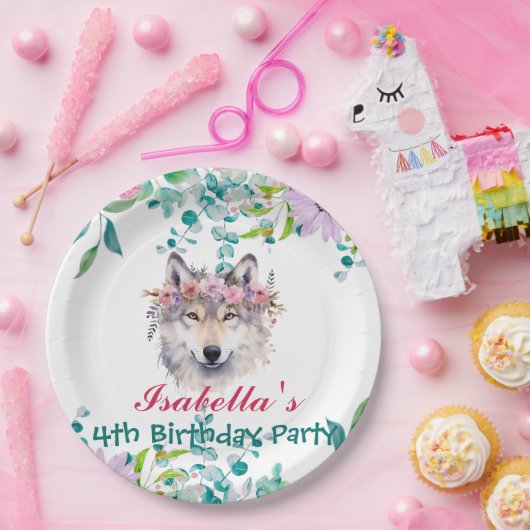 Schattige Wolf zoo dieren oerwoud Bloemen Verjaard Papieren Bordje (Feest)