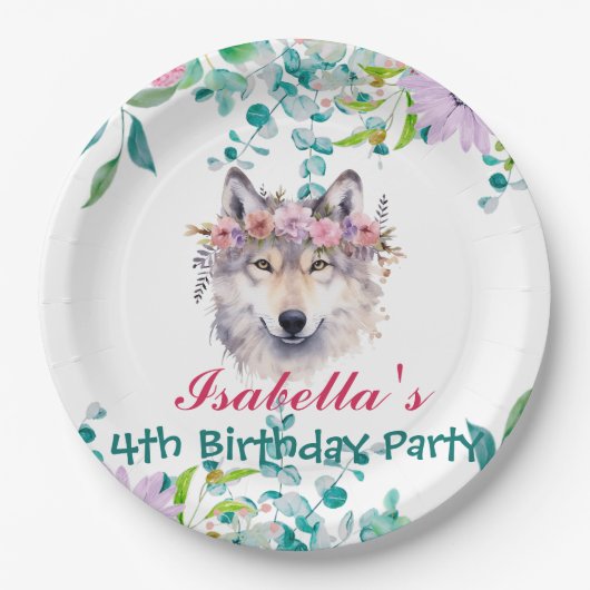 Schattige Wolf zoo dieren oerwoud Bloemen Verjaard Papieren Bordje (Voorkant)