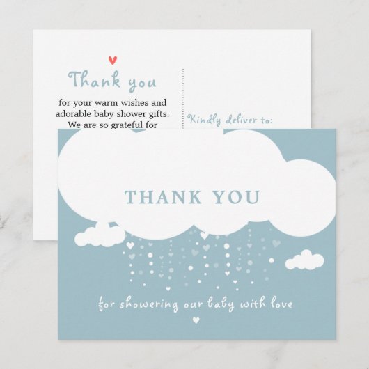Schattige wolk Regen Hartjes Baby Shower Bedankt Briefkaart (Voorkant / Achterkant)