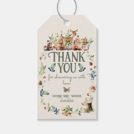 Schattige Woodland Animal Adventure Neutraal Baby Cadeaulabel (Voorkant)