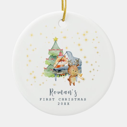 Schattige Woodland Animals Baby's eerste kerstfoto Keramisch Ornament (Voorkant)