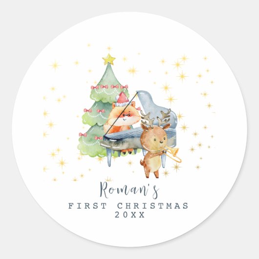 Schattige Woodland Animals Baby's eerste kerstfoto Ronde Sticker (Voorkant)