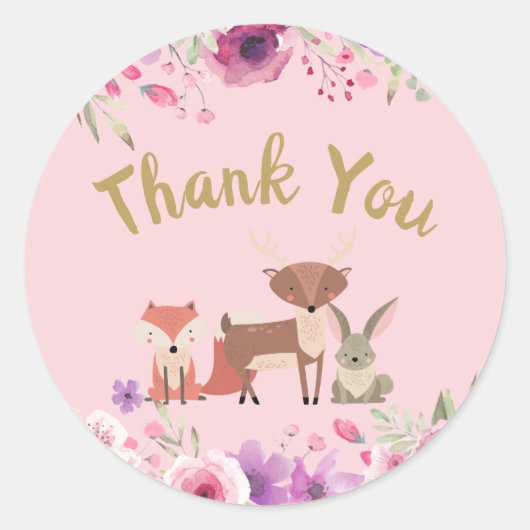 Schattige Woodland Animals Floral Pink Dank u Ronde Sticker (Voorkant)