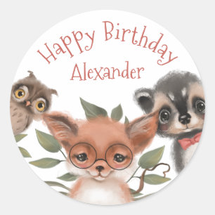 Schattige Woodland Animals Happy Birthday voor Boy Ronde Sticker