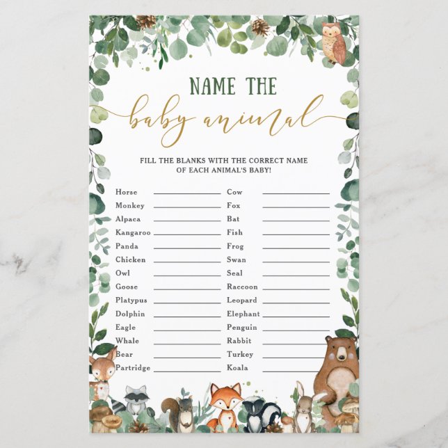 Schattige Woodland Animals Naam Baby Animal Match  (Voorkant)