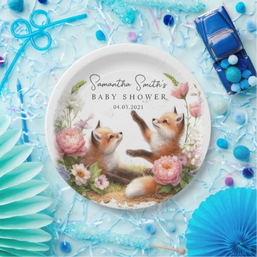 Schattige Woodland Baby Foxes Spring Baby shower Papieren Bordje (Feest)