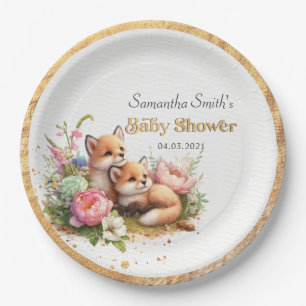 Schattige Woodland Baby Foxes Spring Baby shower Papieren Bordje