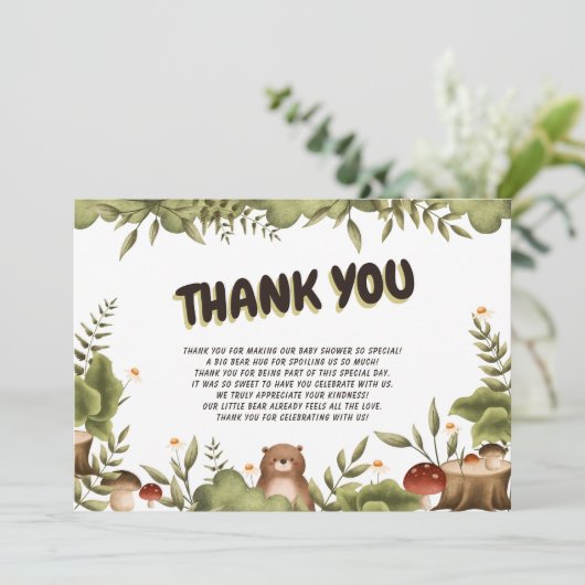 Schattige Woodland beer grillig Dank U Baby shower Bedankkaart (Staand voorkant)