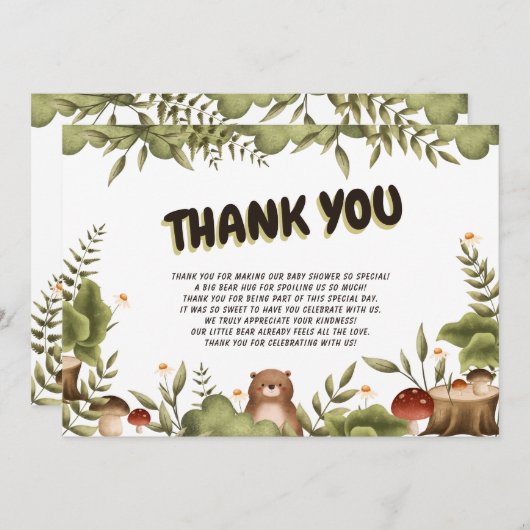 Schattige Woodland beer grillig Dank U Baby shower Bedankkaart (Voorkant / Achterkant)