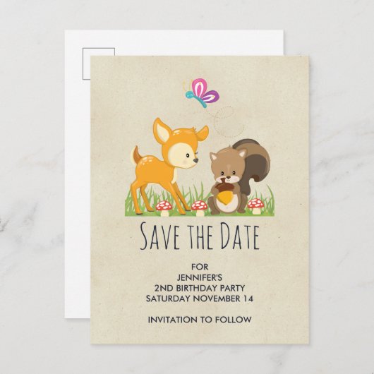 Schattige Woodland Creatures Cartoon Save the Date Uitnodiging Briefkaart (Voorkant / Achterkant)