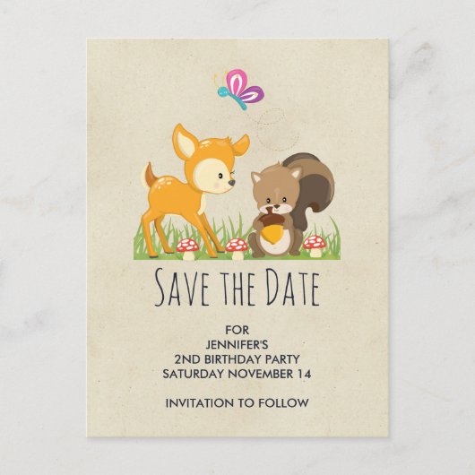 Schattige Woodland Creatures Cartoon Save the Date Uitnodiging Briefkaart (Voorkant)