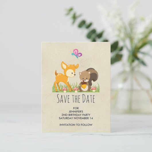 Schattige Woodland Creatures Cartoon Save the Date Uitnodiging Briefkaart (Staand voorkant)