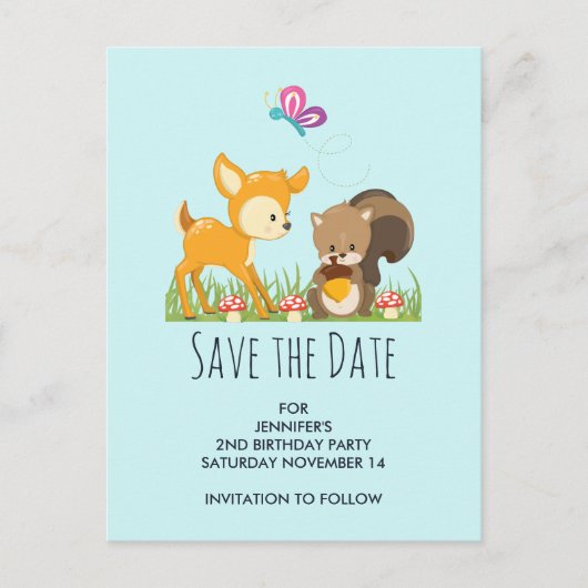 Schattige Woodland Creatures Cartoon Save the Date Uitnodiging Briefkaart (Voorkant)