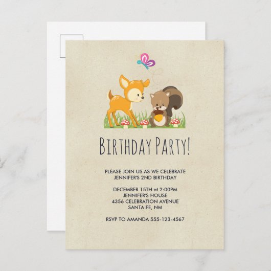 Schattige Woodland Creatures Cartoon Verjaardagsfe Uitnodiging Briefkaart (Voorkant / Achterkant)