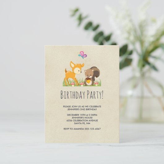 Schattige Woodland Creatures Cartoon Verjaardagsfe Uitnodiging Briefkaart (Staand voorkant)