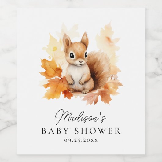 Schattige Woodland Eekhoorn Herfst Baby shower Wijn Etiket (Enkel label)