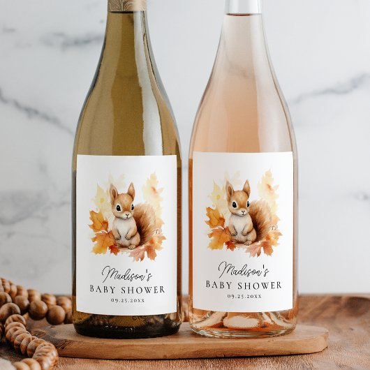 Schattige Woodland Eekhoorn Herfst Baby shower Wijn Etiket