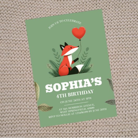 Schattige Woodland Fox 4th Birthday Uitnodigingen