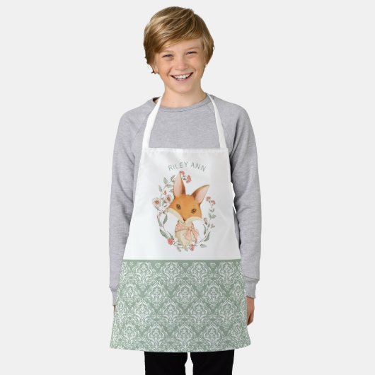 Schattige Woodland Fox en Damask Pattern met Naam Schort (Gedragen)