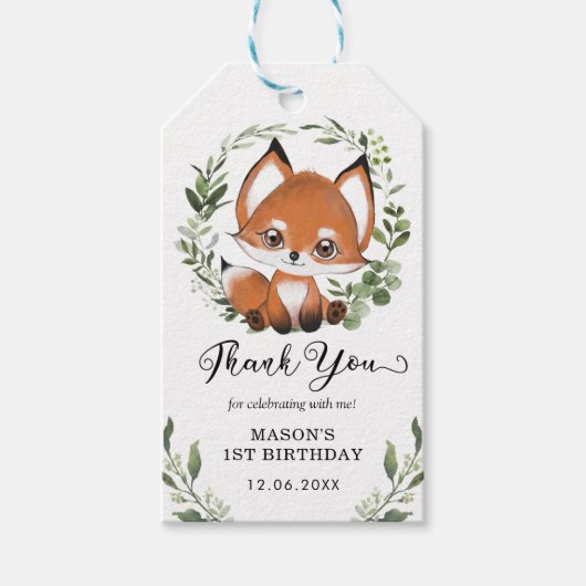 Schattige Woodland Fox groen Verjaardagsgunsten Cadeaulabel (Voorkant)