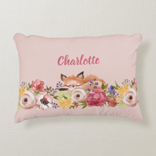 Schattige Woodland Fox Slaap op Bloemen Roze Naam Accent Kussen (Voorkant)