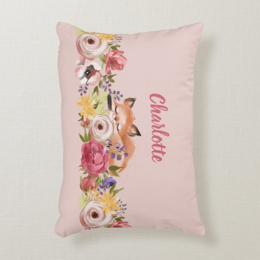 Schattige Woodland Fox Slaap op Bloemen Roze Naam Accent Kussen (Voorkant(Verticaal))