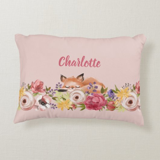 Schattige Woodland Fox Slaap op Bloemen Roze Naam Accent Kussen (Achterkant)