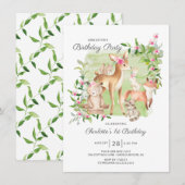 Schattige Woodland Friends Girls 1ste verjaardag Kaart (Voorkant / Achterkant)