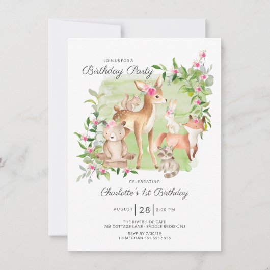 Schattige Woodland Friends Girls 1ste verjaardag Kaart (Voorkant)