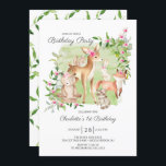 Schattige Woodland Friends Girls 1ste verjaardag Kaart<br><div class="desc">Superschattige waterverf bos vrienden verjaardagsfeest met de liefste herten,  eekhoorn,  vos,  bunny,  raccoon en beer. Kan ook worden gebruikt voor een tweede,  derde en vierde verjaardag.</div>