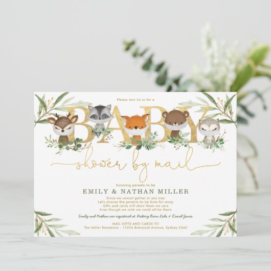 Schattige Woodland Greenery Gold Baby shower per p Kaart (Staand voorkant)