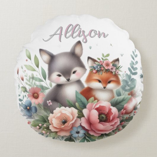 Schattige Woodland Silver en Red Fox Round Pillow Rond Kussen (Voorkant)
