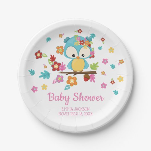 Schattige Woodland Uil & Flowers Baby Meisje Baby  Papieren Bordje (Voorkant)