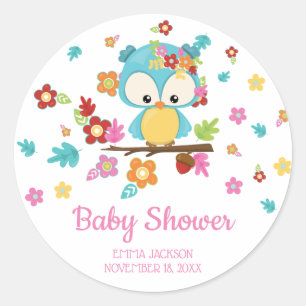 Schattige Woodland Uil & Flowers Baby Meisje Baby  Ronde Sticker