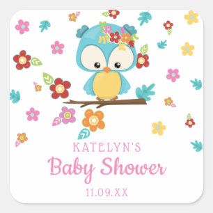 Schattige Woodland Uil & Flowers Baby Meisje Baby Vierkante Sticker