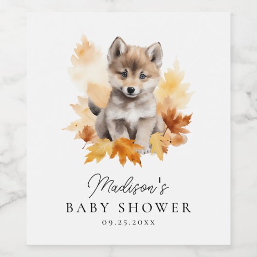 Schattige Woodland Wolf Herfst Baby shower Wijn Etiket (Enkel label)