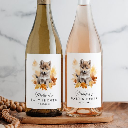 Schattige Woodland Wolf Herfst Baby shower Wijn Etiket