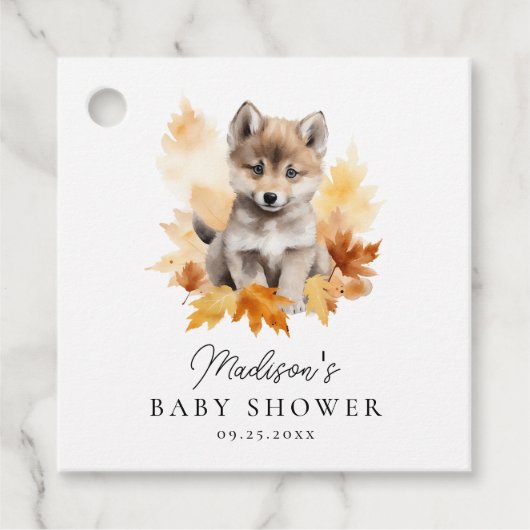 Schattige Woodland Wolf Pup Herfst Baby shower Bedankjes Labels (Voorkant)