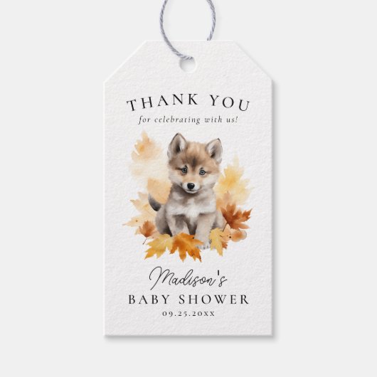 Schattige Woodland Wolf Pup Herfst Baby shower Cadeaulabel (Voorkant)