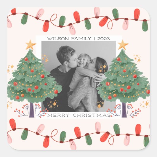 Schattige Xmas Familie Foto kerstvakantie briefkaa Vierkante Sticker (Voorkant)