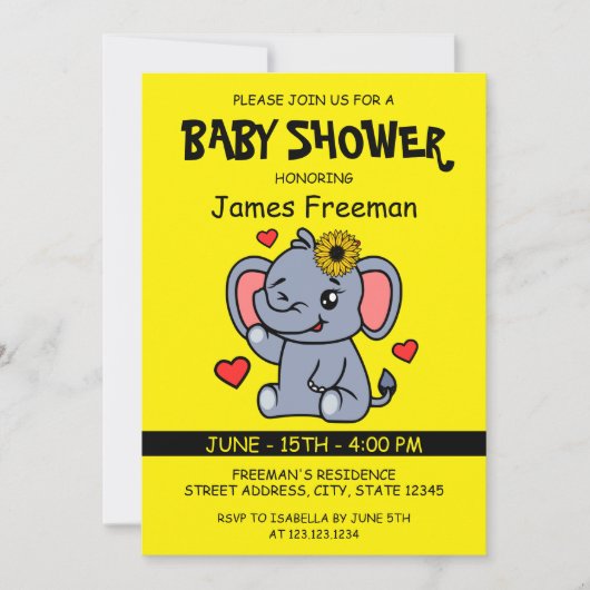 Schattige Yellow Vector Elephant Girl Baby shower Kaart (Voorkant)
