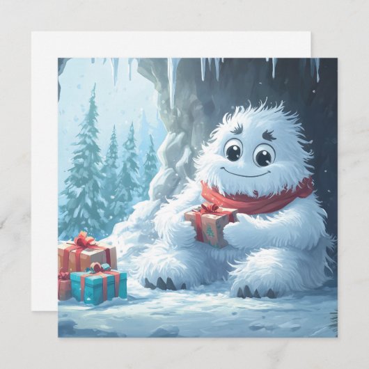Schattige Yeti met kerstcadeaus in een grot Feestdagenkaart (Voorkant / Achterkant)