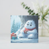 Schattige Yeti met kerstcadeaus in een grot Feestdagenkaart (Staand voorkant)