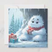 Schattige Yeti met kerstcadeaus in een grot Feestdagenkaart (Voorkant)